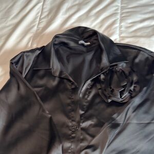 Fashion Nova Black Satin Shirt with Floral Accent